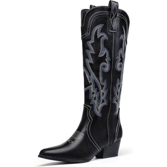 Shoes - Women's Black Cowgirl Knee High Western Tall Boot Chunky Low Pointed Toe Booties